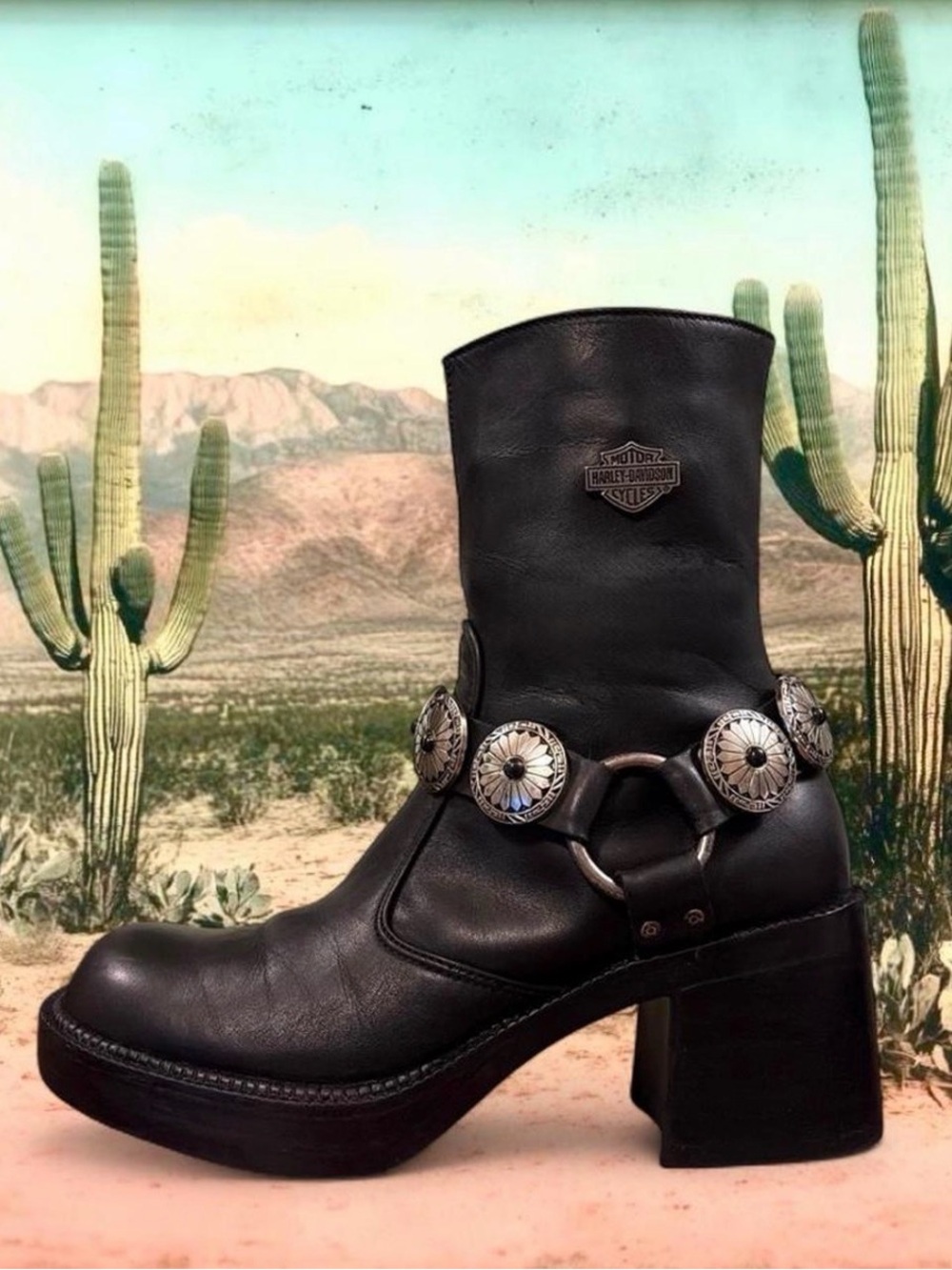 🌵Vintage Harley Davidson Chunky Platform Boots w/ Custom Concho Harnesses🌵